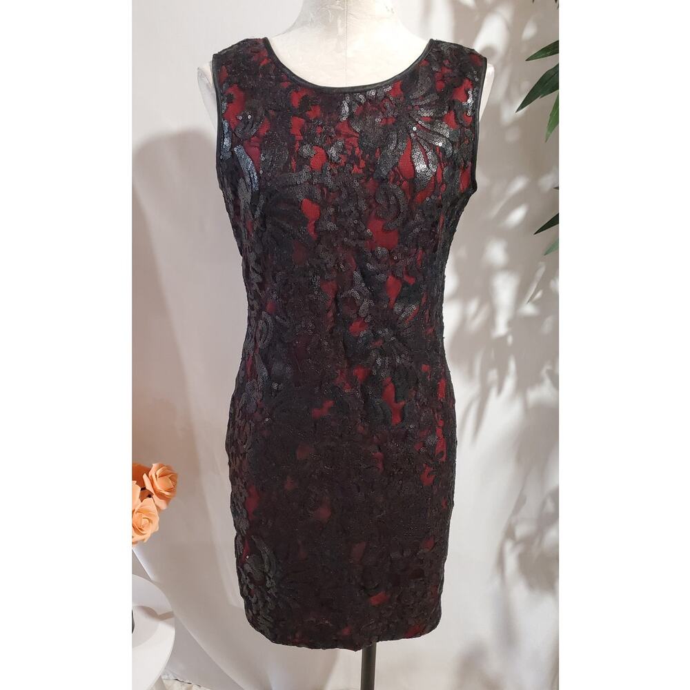 Vtg Cache Mesh Lace Overlay Sequin Sheath Dress Size 8 Black Red Gothic Vamp